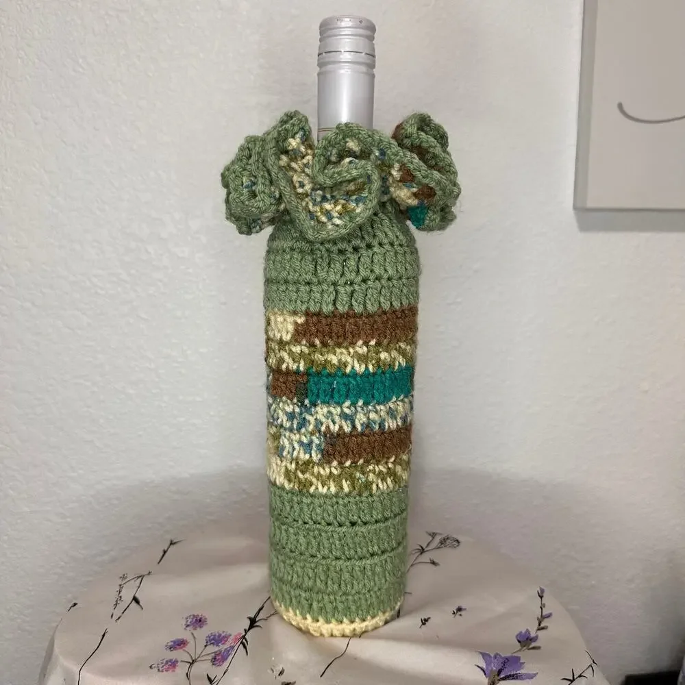 Handmade Crotchet Ruffled Wine Bottle Holder with Drawstring